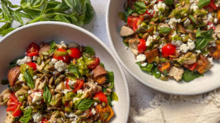 Roasted Barley, Sweet Potato and Chicken salad, with shredded spinach, feta and toasted sunflower seeds. Basil dressing to pull everything together