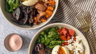 Miso glazed mushrooms, sweet potato, quinoa, and fresh spinach, topped with pickled beatroot, feta and a boiled egg. Full of flavor and packed with protein.