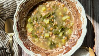 Bone Broth Soup made with chicken carcass and beef knuckle, celery, carrots and onions. Finished with Chicken, Barley, Lentils & Kale